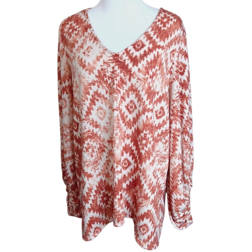 BEESON RIVER Sweater‎ Top Plus 2X Light V-Neck Southwestern Aztec Rust Orange